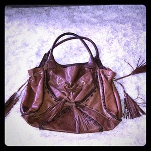 Genuine Leather tan and brown fringe satchel